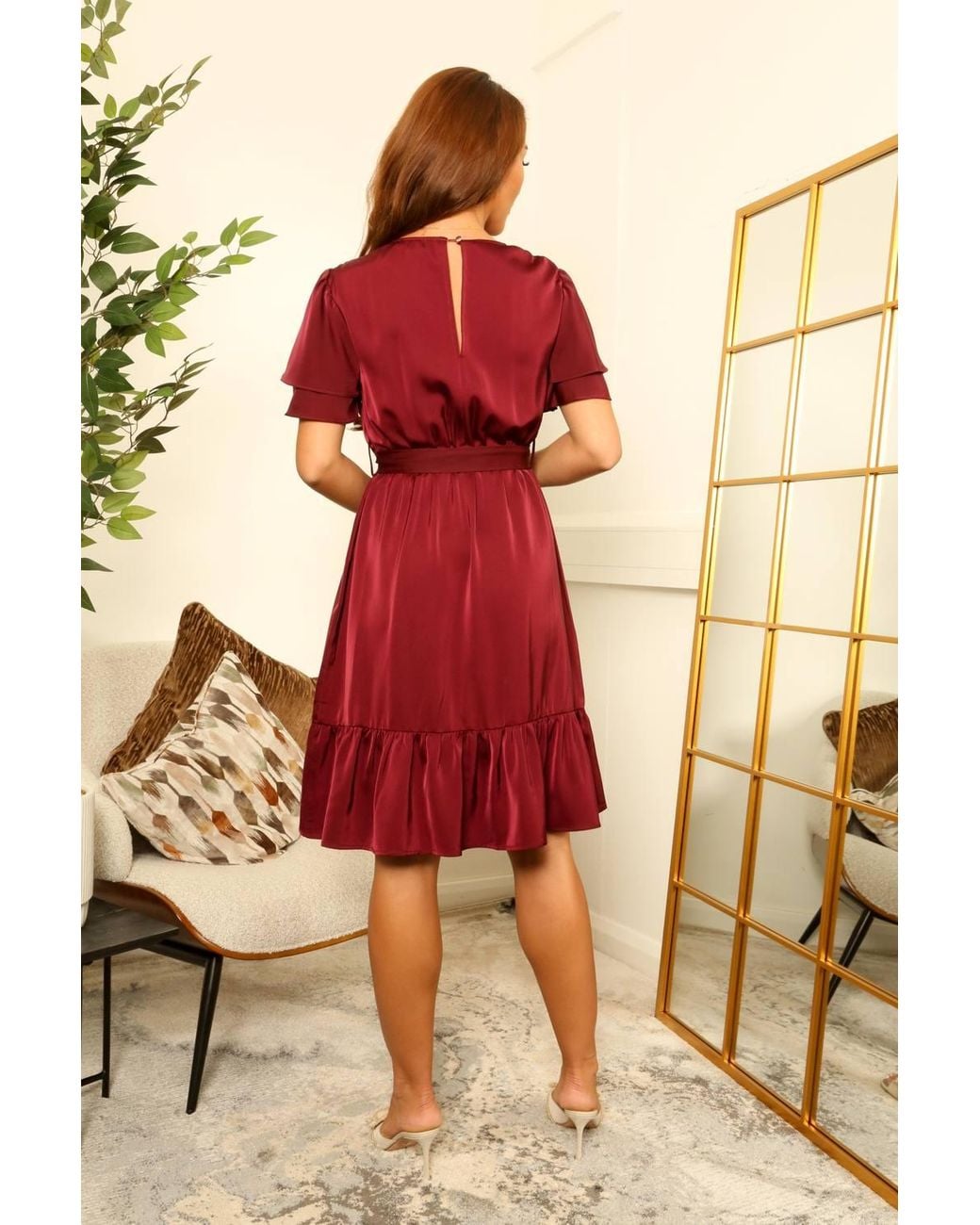 Double Second Orange Satin Double Tea Sleeve Wrap Dress