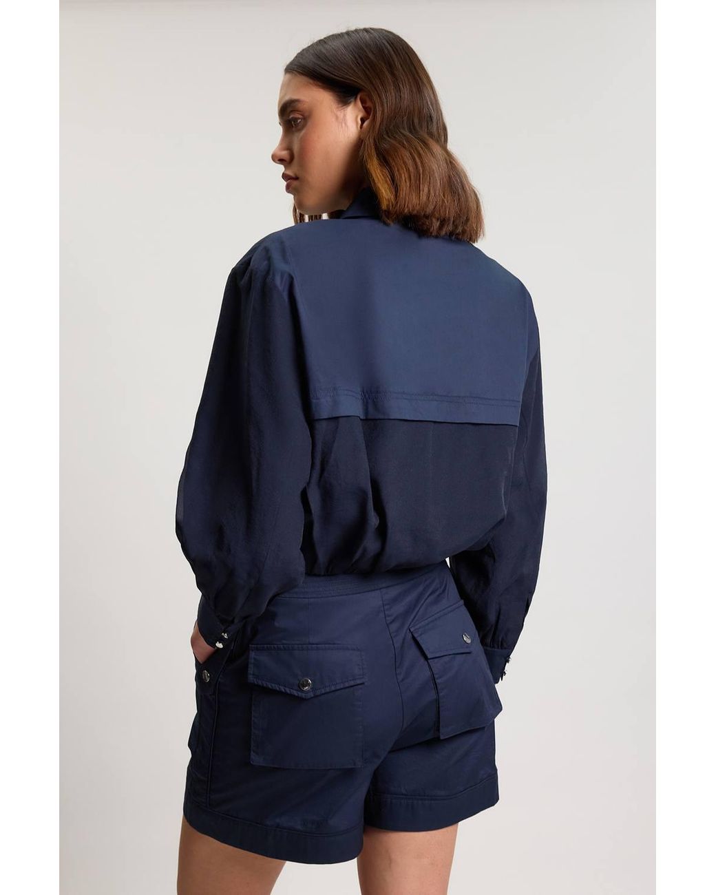 Karen Millen Blue Utility Organdie Cropped Pocket Detail Bomber Jacket