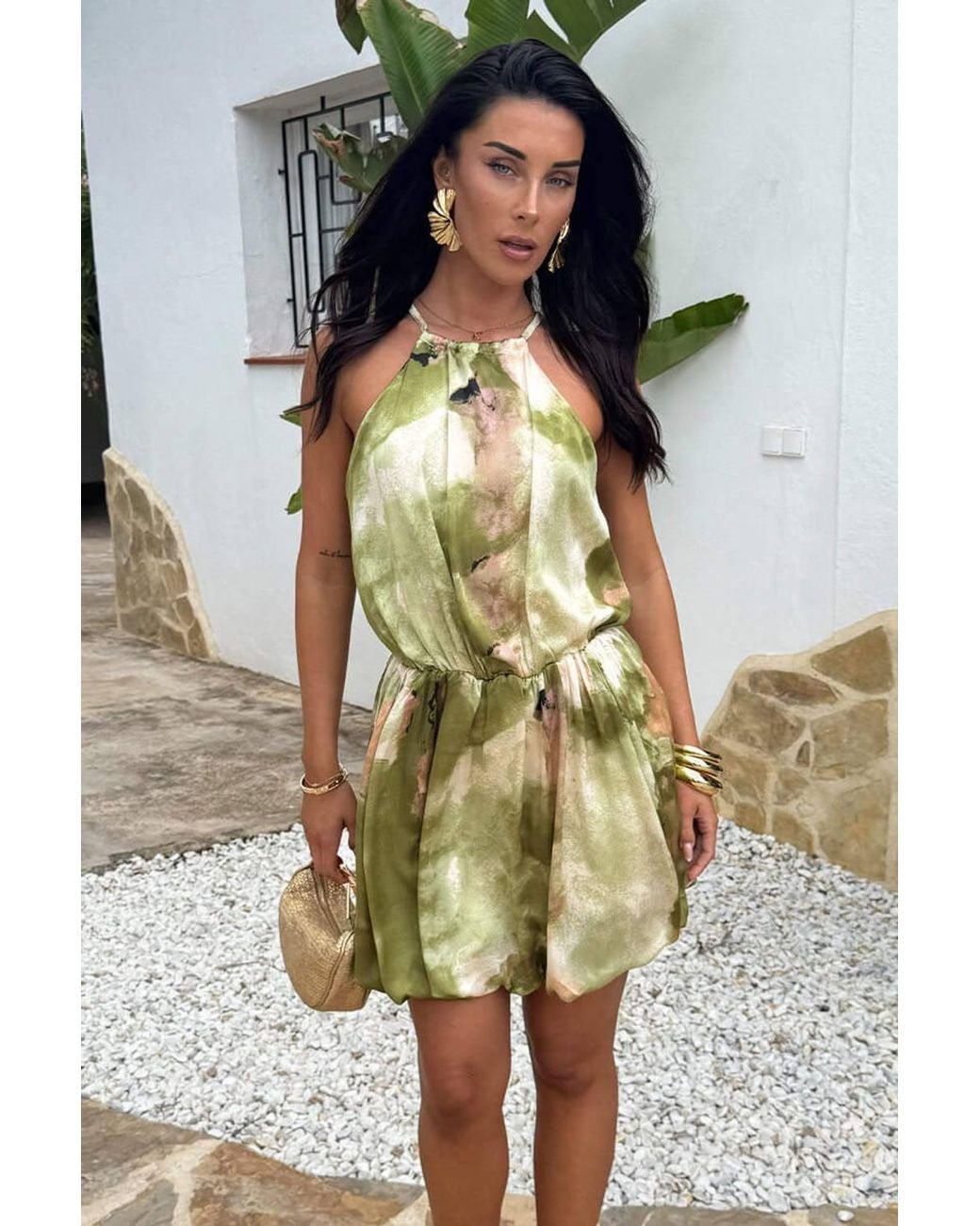 AX Paris Multicolor Marble Print Racer Neck Bubble Hem Mini Dress