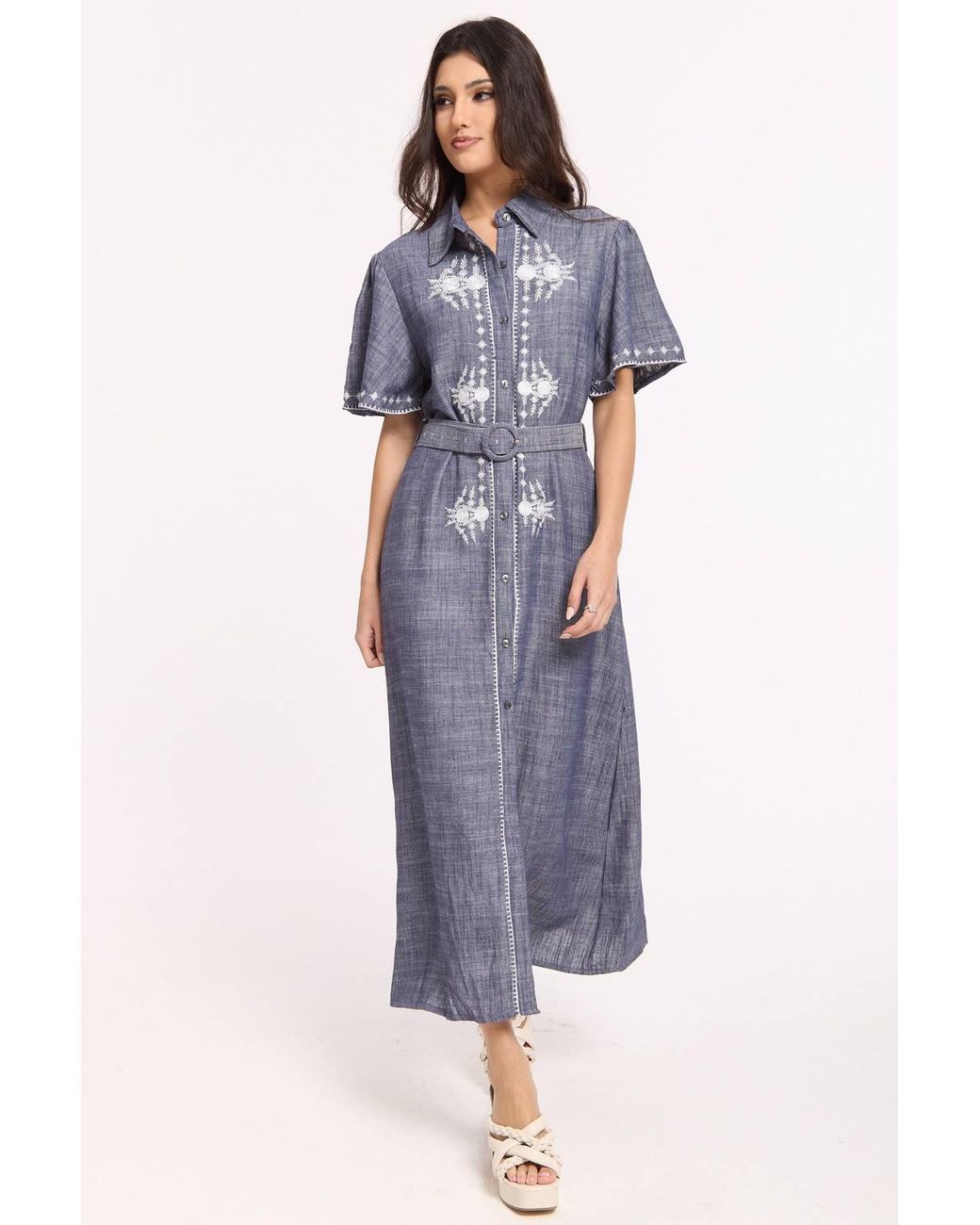 Liquorish Blue Linen Blend Embroidered Midi Dress