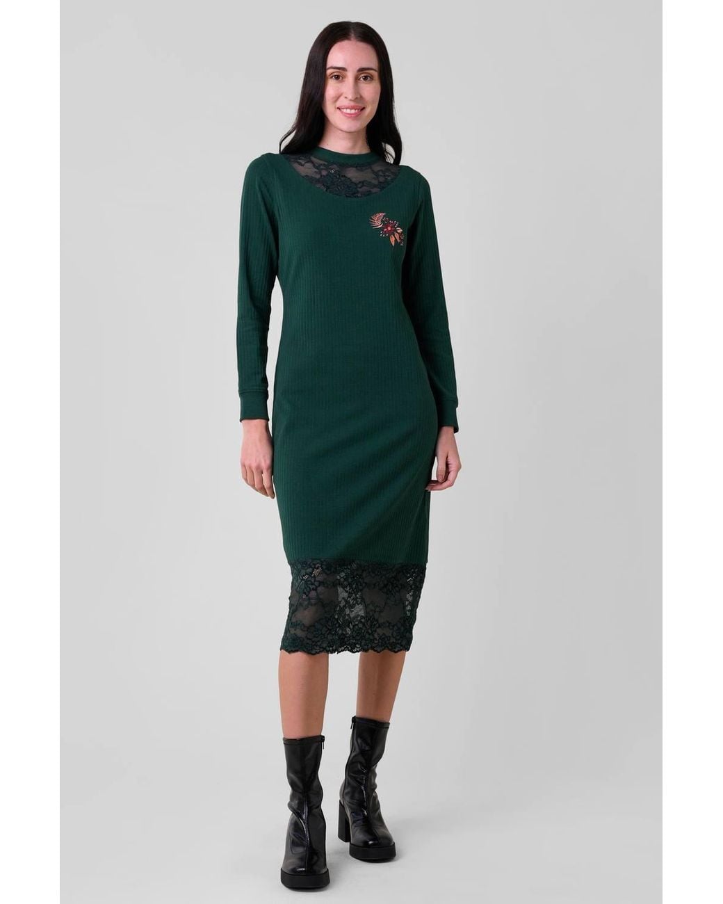 Enorsia Green Lace Detail Long Sleeve Midi Dress