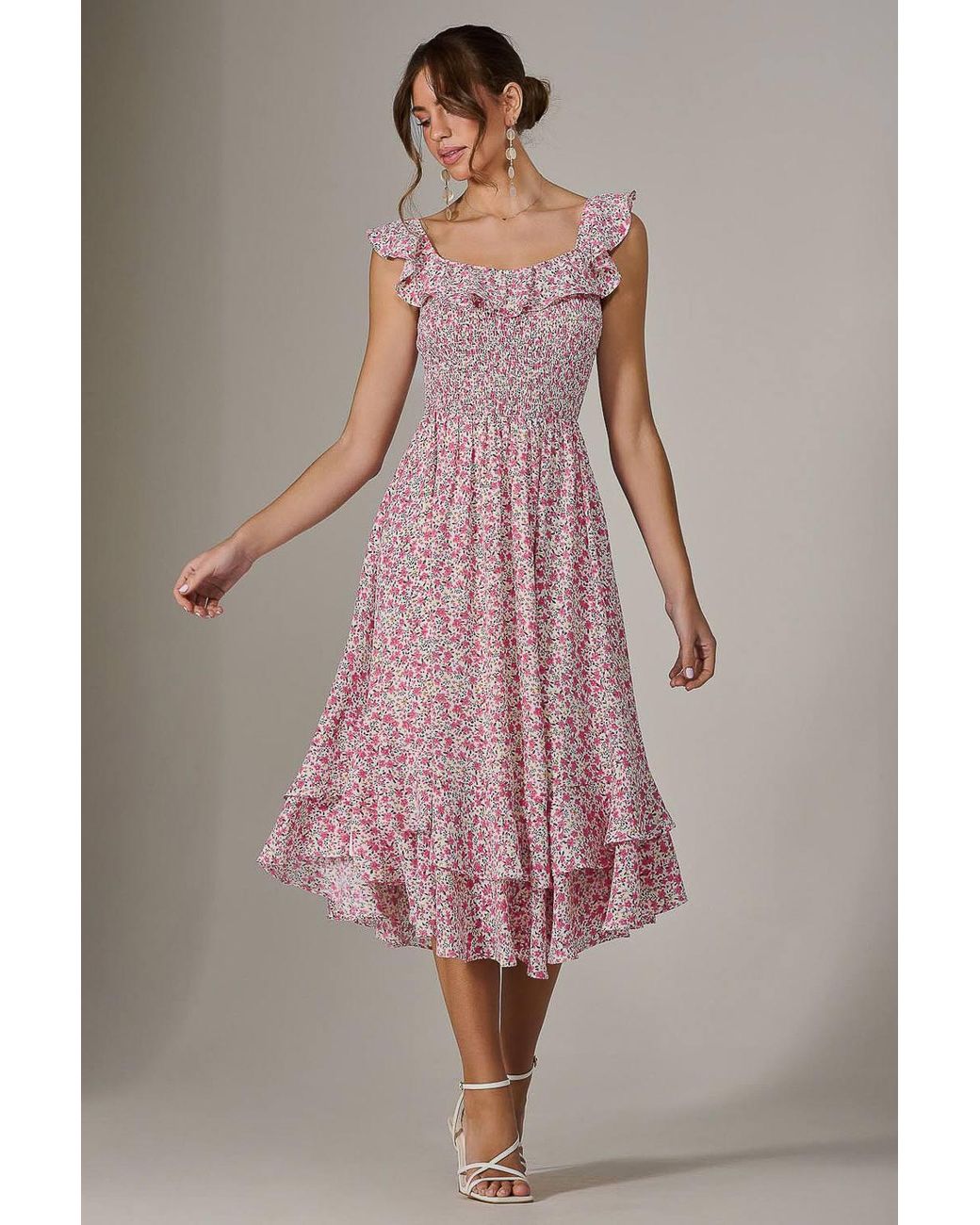 Jolie Moi Pink Ruffle Shirred Woven Midi Dress