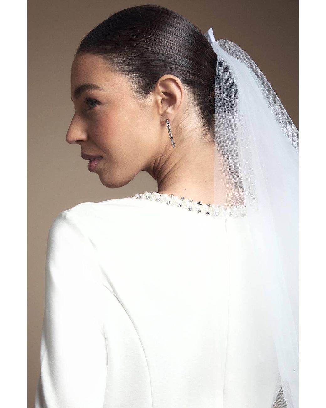 Coast Brown Crystal Trim Ponte Long Sleeve Midi Wedding Dress