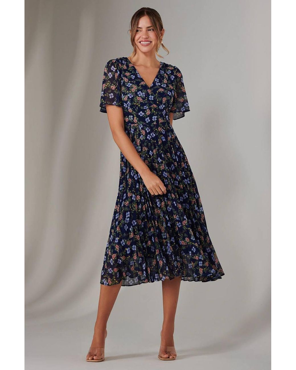 Jolie Moi Blue Chiffon Pleated Wrap Midaxi Dress