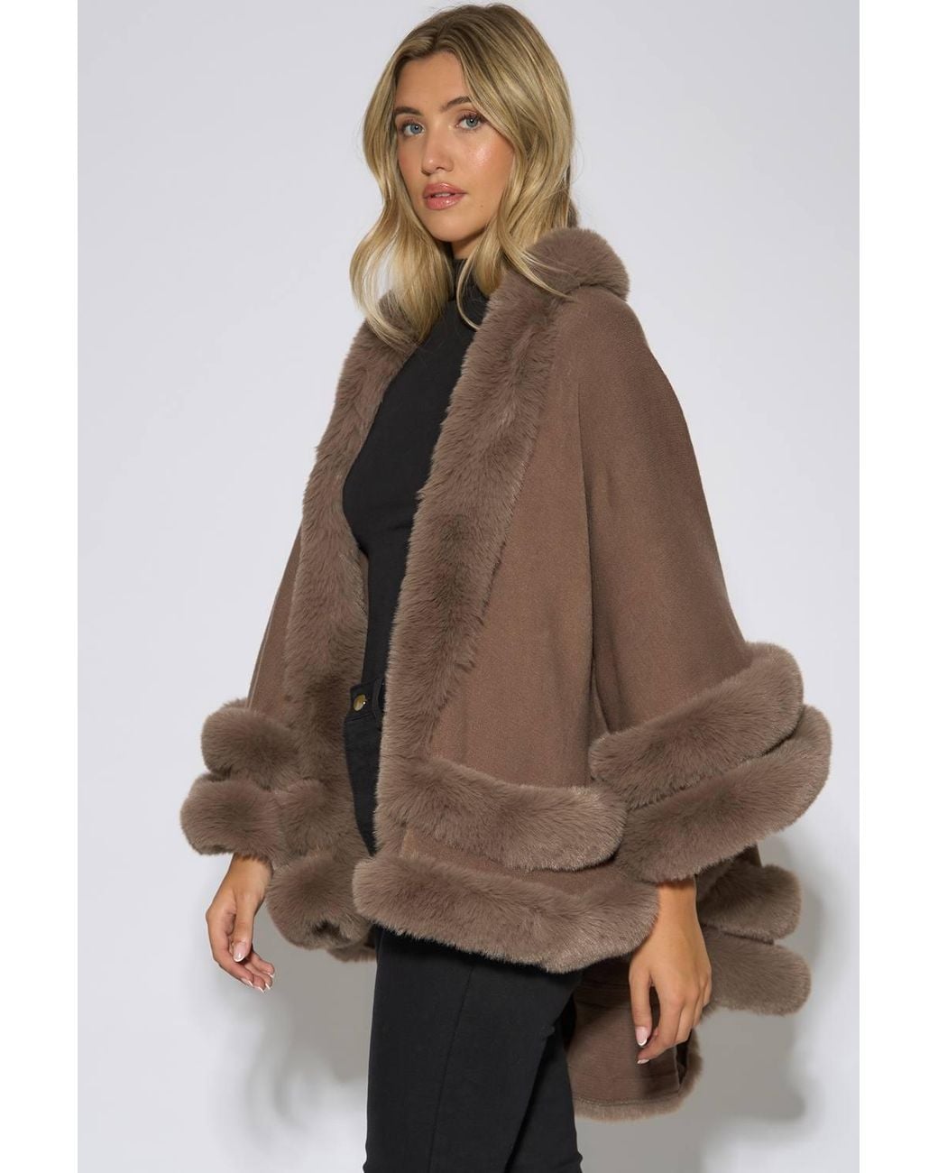 Gini London Brown Double Layer Fur Trim Cape