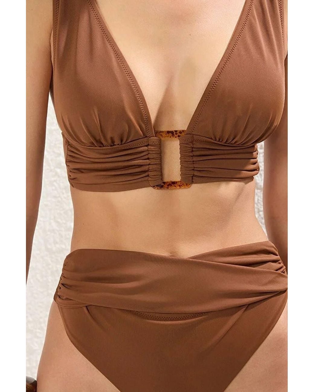 WOVCOR Brown Triangle Bikini Set W/ Accessory Detail & High Waist Bottoms