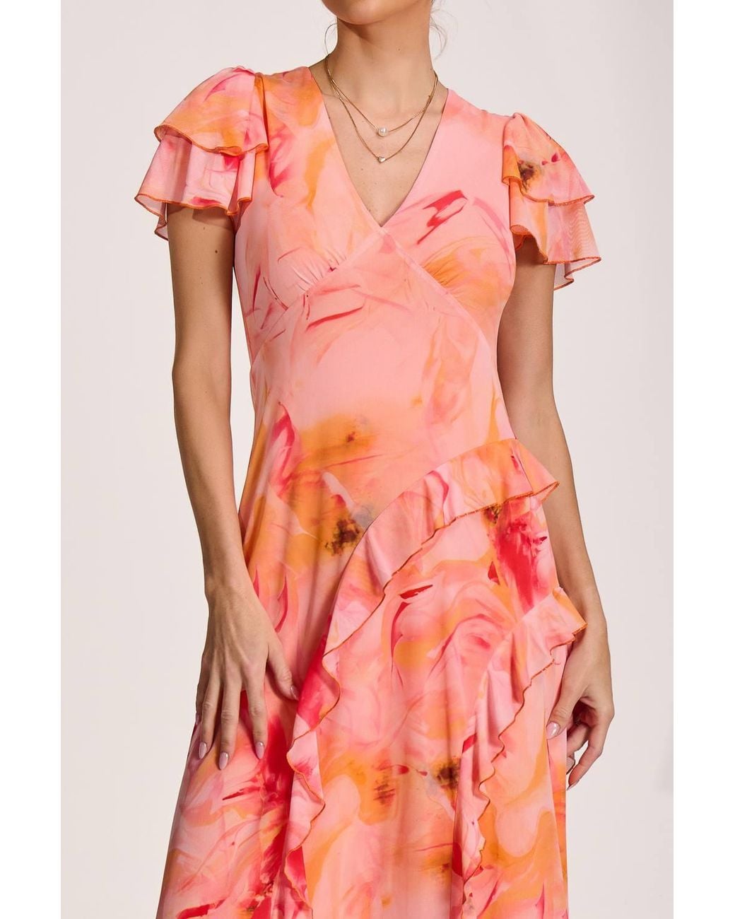 Jolie Moi Red Cap Sleeve Ruffle Mesh Maxi Dress