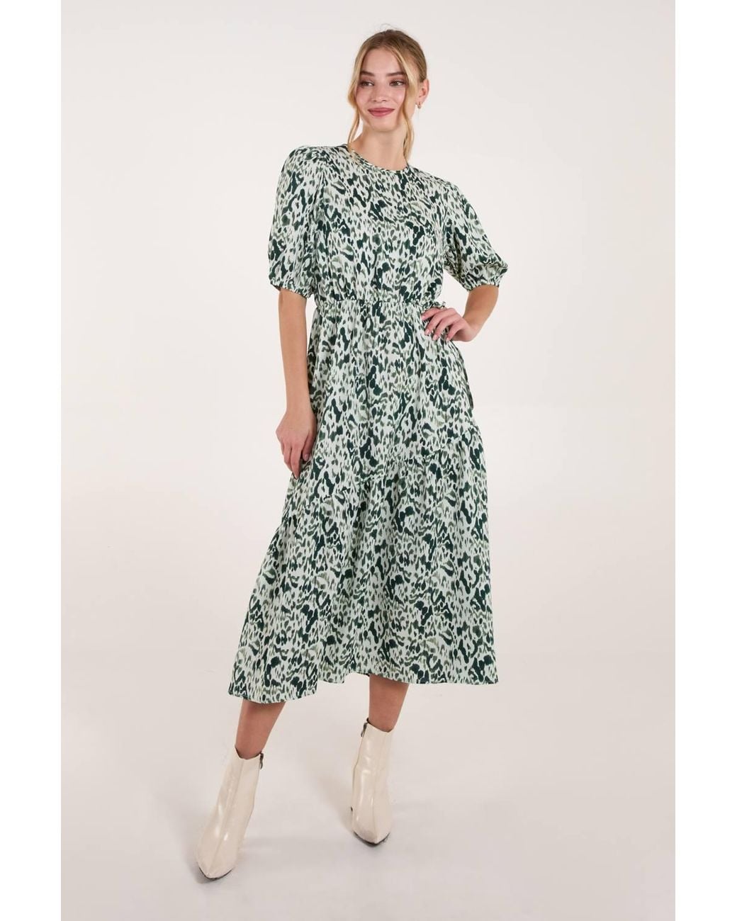 Blue Vanilla Green Abstract Elasticated Tie Waist Midi Dress