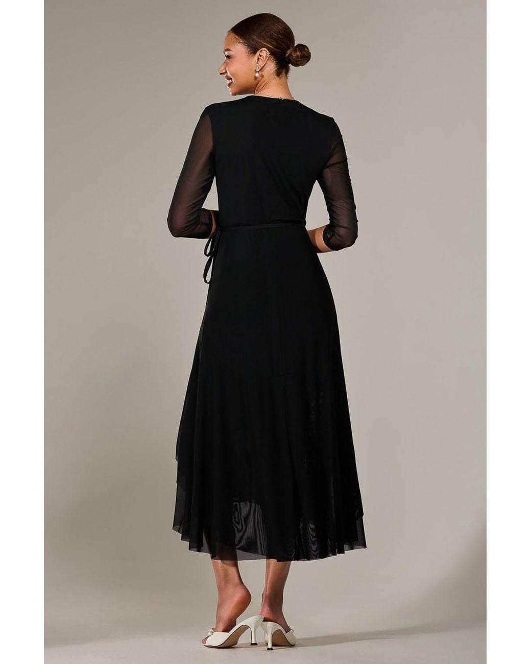 Jolie Moi Black Mesh Wrap Midaxi Dress