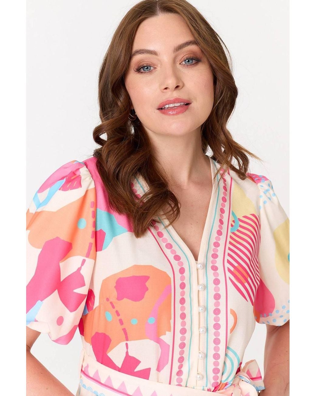 Izabel London Pink Abstract Short Puff Sleeve Midi Dress
