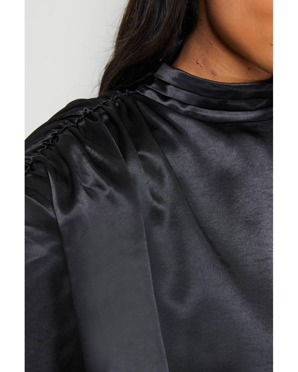 Warehouse Black Extreme Shoulder Draped Satin Mini Dress