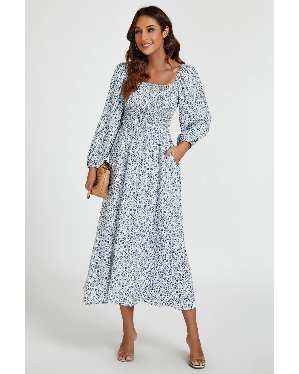 FS Collection Blue Print Square Neck Midi Dress W/ Long Sleeves