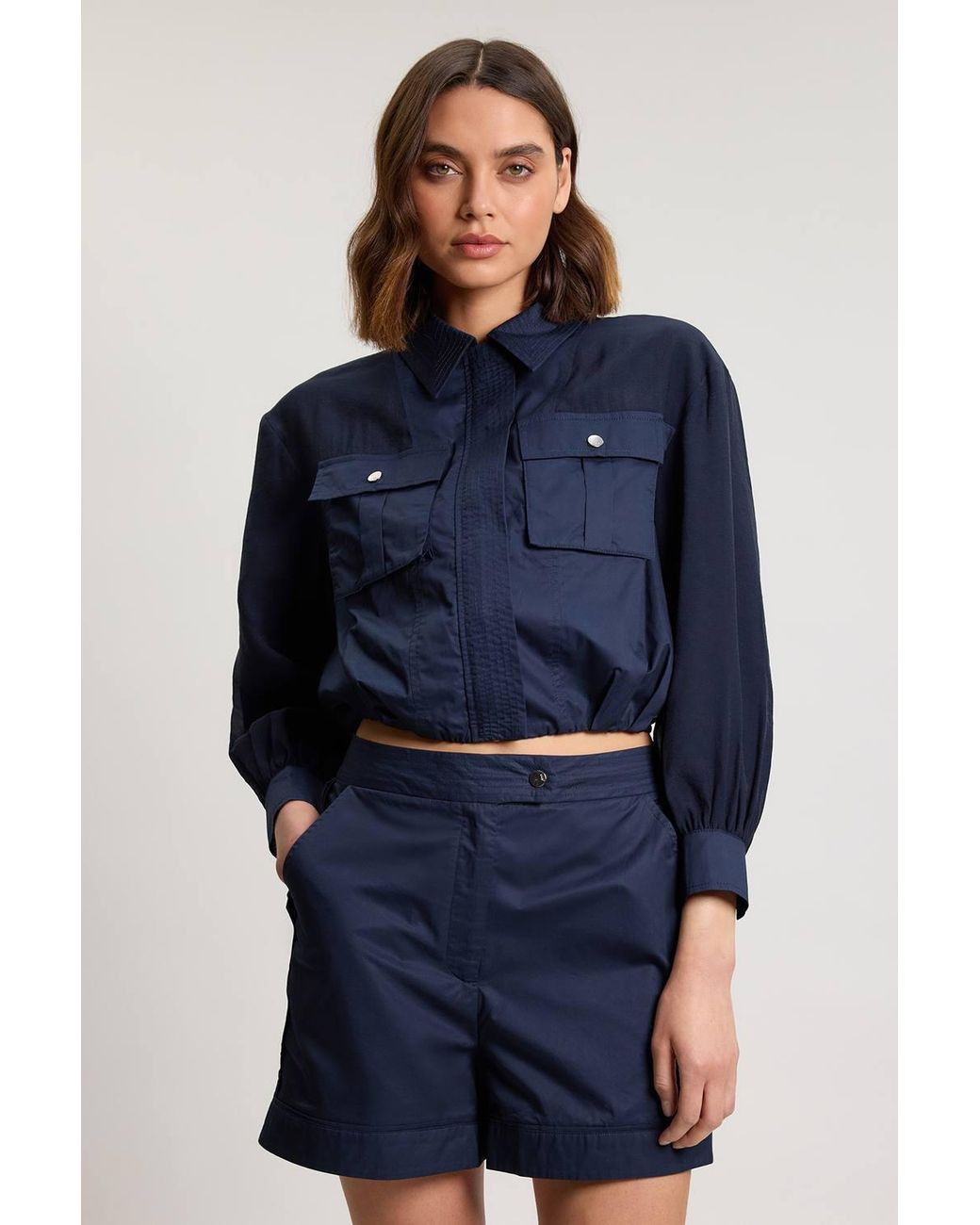 Karen Millen Blue Utility Organdie Cropped Pocket Detail Bomber Jacket
