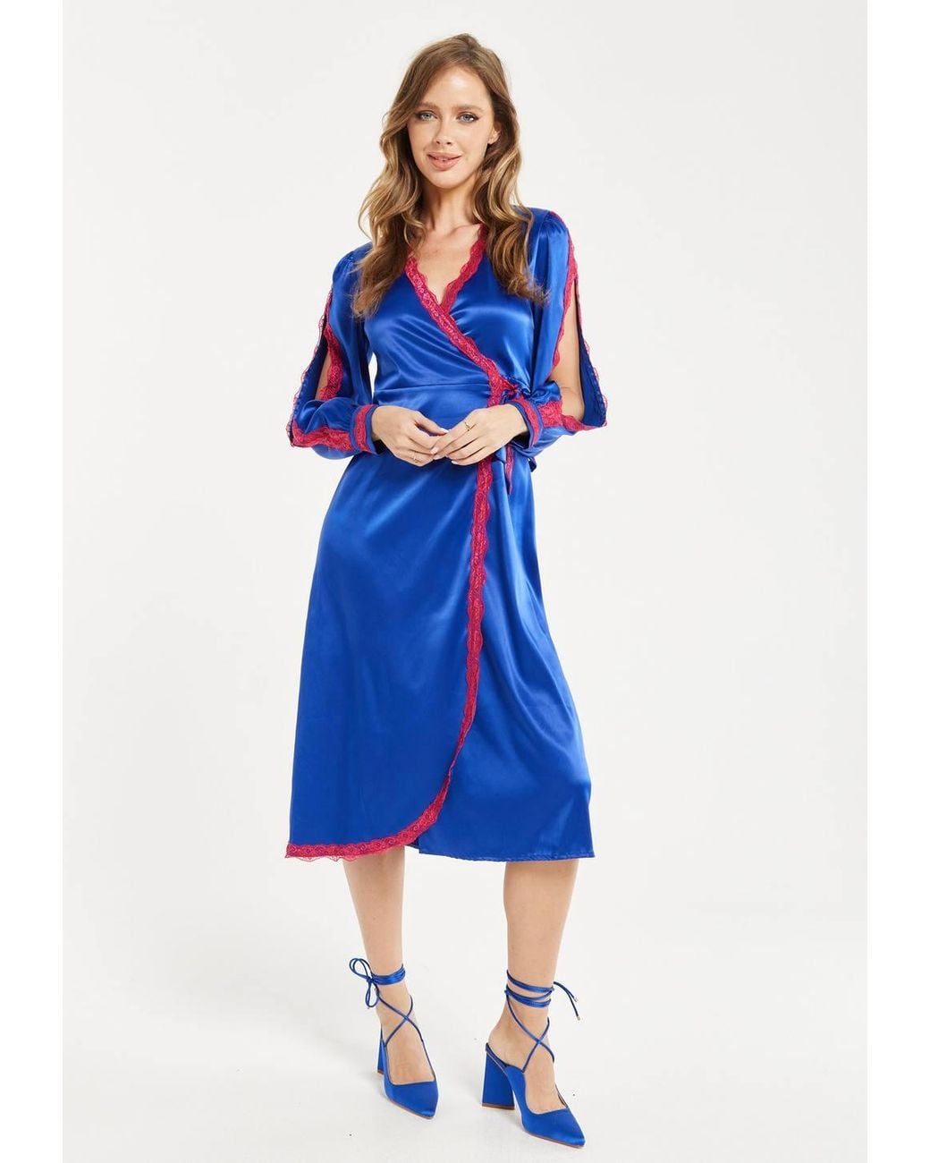 Liquorish Blue Royal Satin Midi Wrap Dress