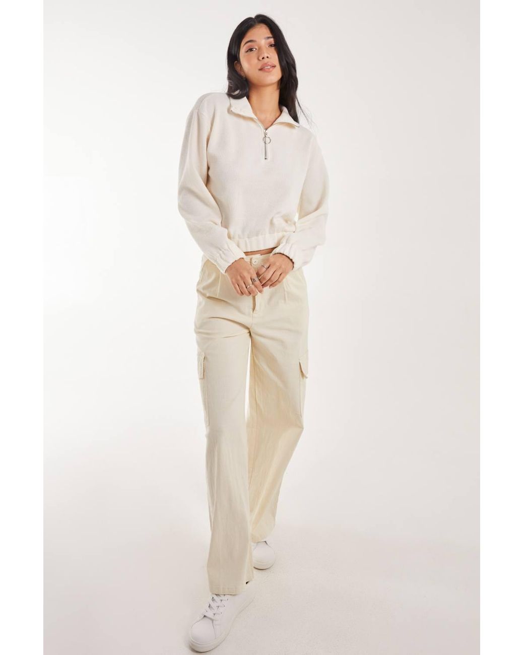 Pink Vanilla White High Neck Zip Up Cropped Sweateshirts