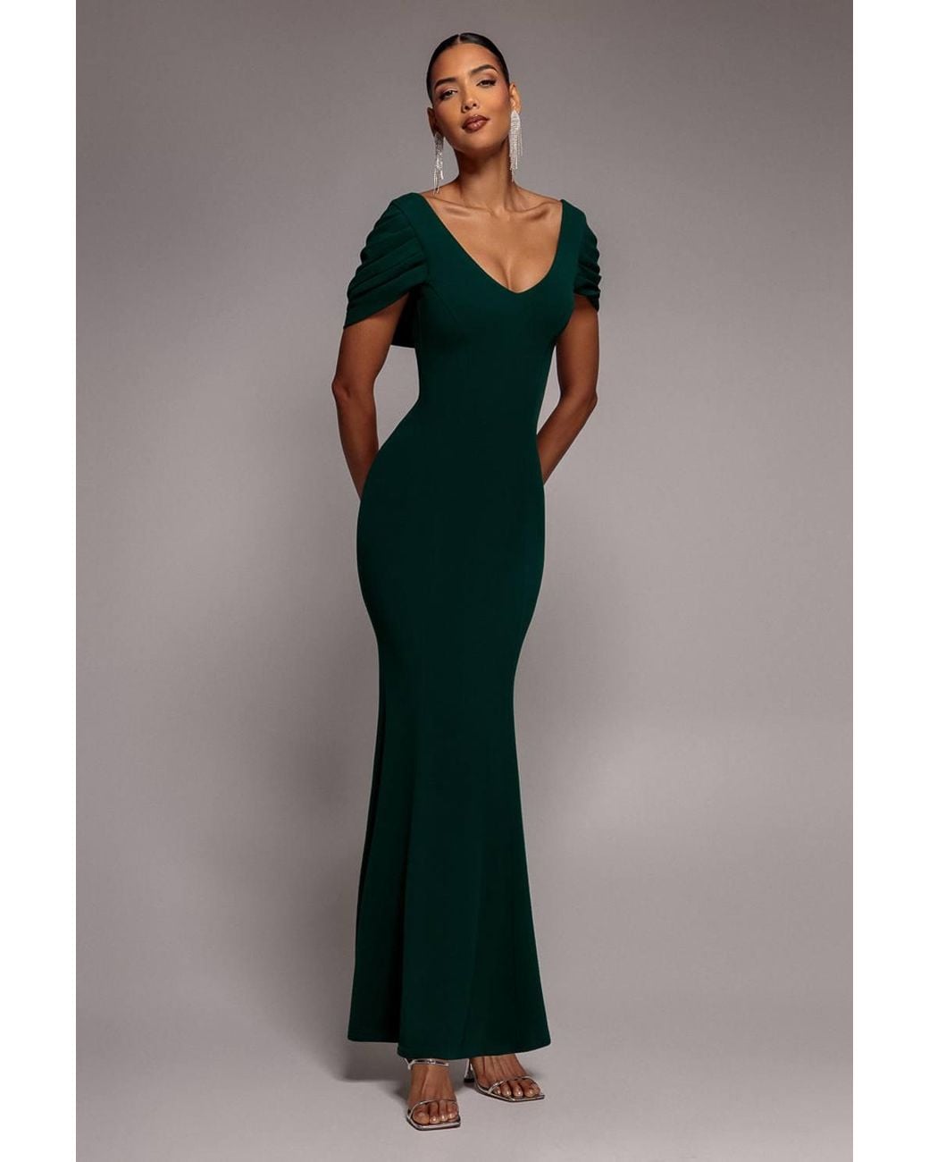 Goddiva Gray V Neck Cowl Back Pleated Sleeve Scuba Maxi Dress