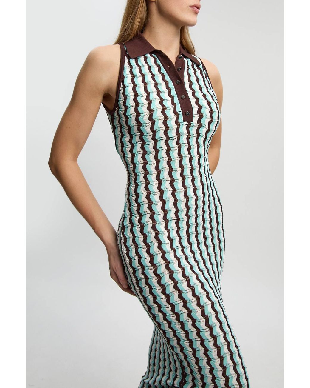 Karen Millen Blue Petite Knit Contrast Collar Pointelle Sleeveless Midi Dress