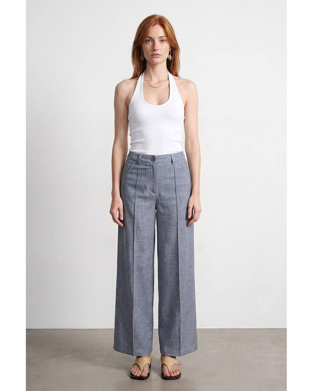 Dilvin White High-Waist Wide-Leg Pleated Trousers