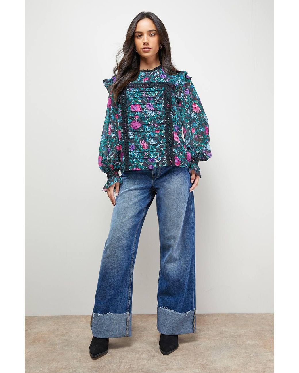 Oasis Blue Printed Lace Trim Pleat Detail Boho Blouse