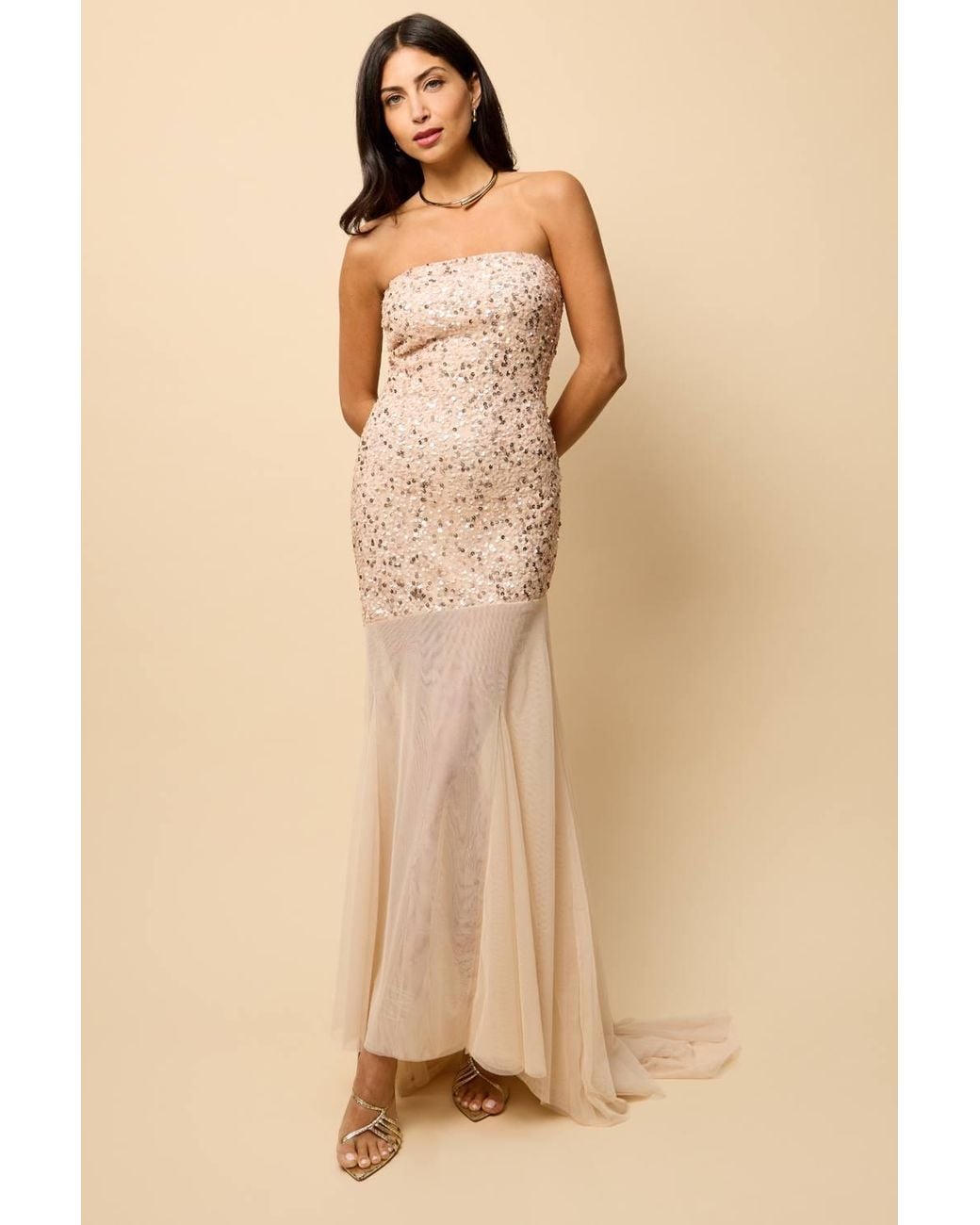Little Mistress Natural Mesh Train Embellished Maxi Dress