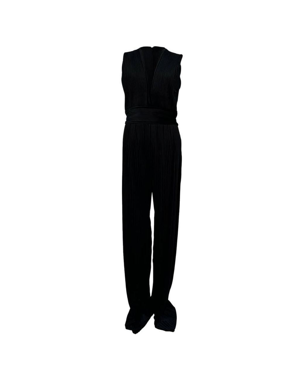 Balmain Black Preloved Aw15 Pleated Velvet Plunging Jumpsuit