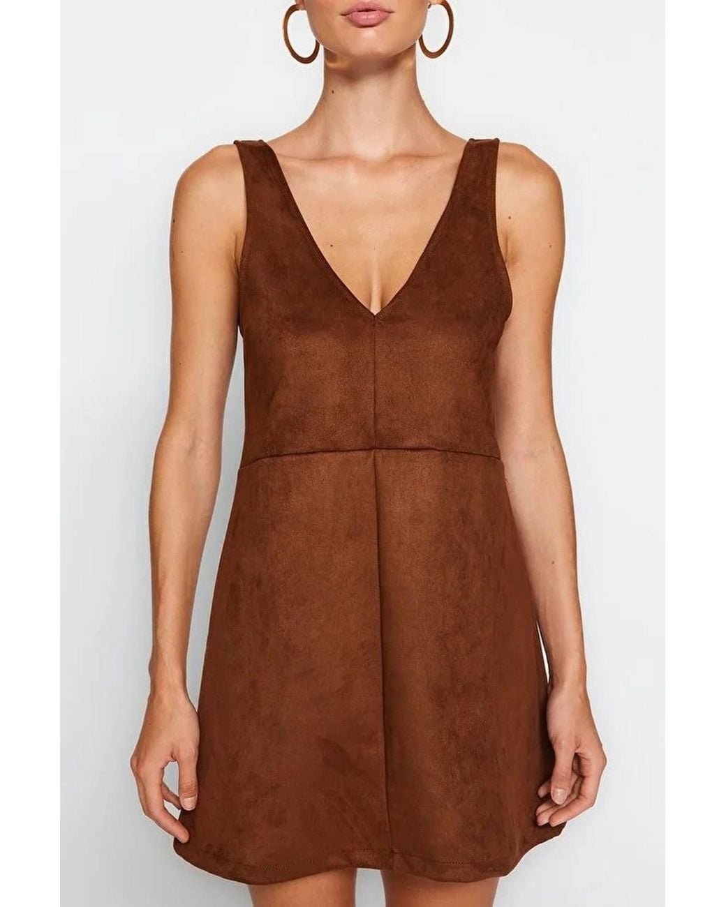 WOVCOR Brown V-Neck Suede Mini Knit Dress