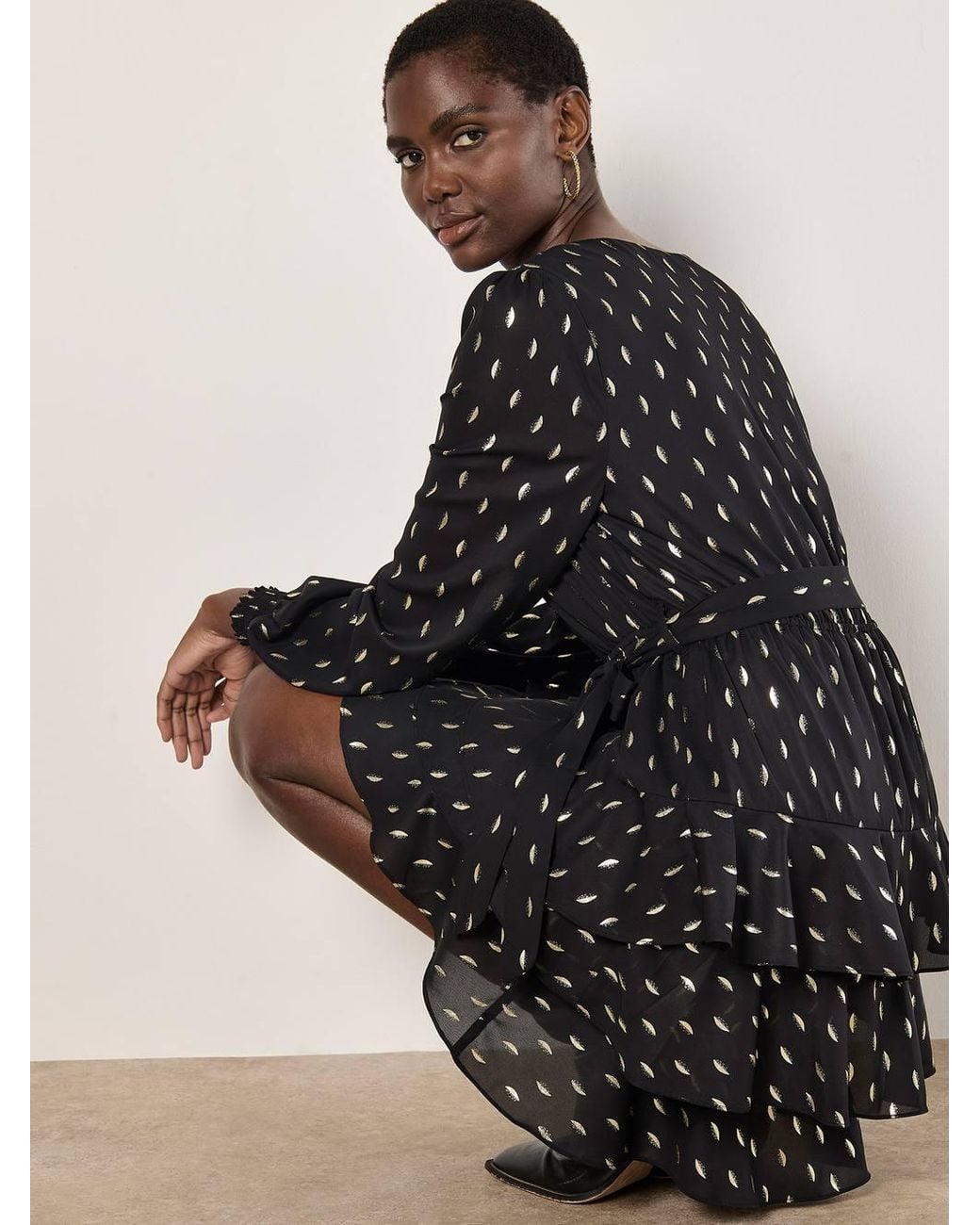Apricot Black Foil Spot Tiered Mini Dress