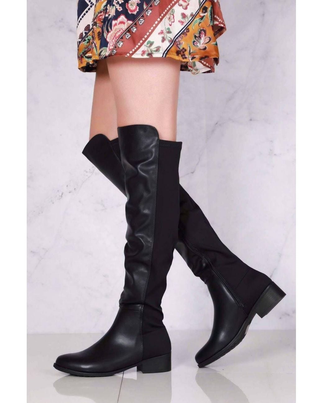 Miss Diva Blue Tyla Over The Knee Elasticated Back Pu Boots