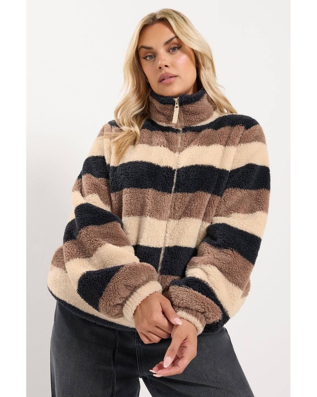 Yours Brown Stripe Print Zip Through Fleece