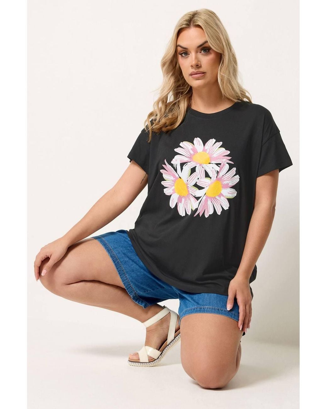 Yours Blue Daisy Stud Embellished T-Shirt