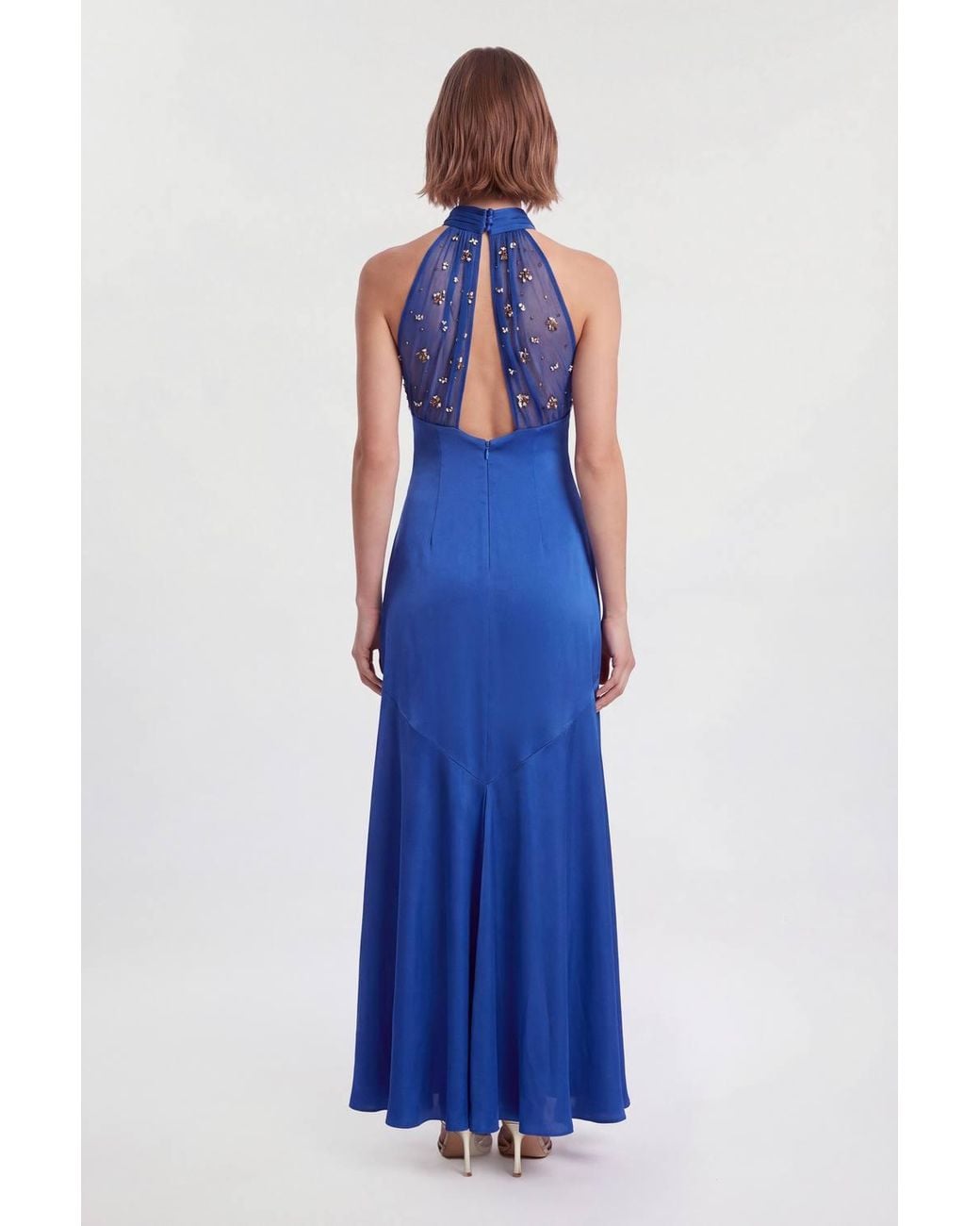 Karen Millen Blue Petite Crystal Halterneck Satin Maxi Gown Dress