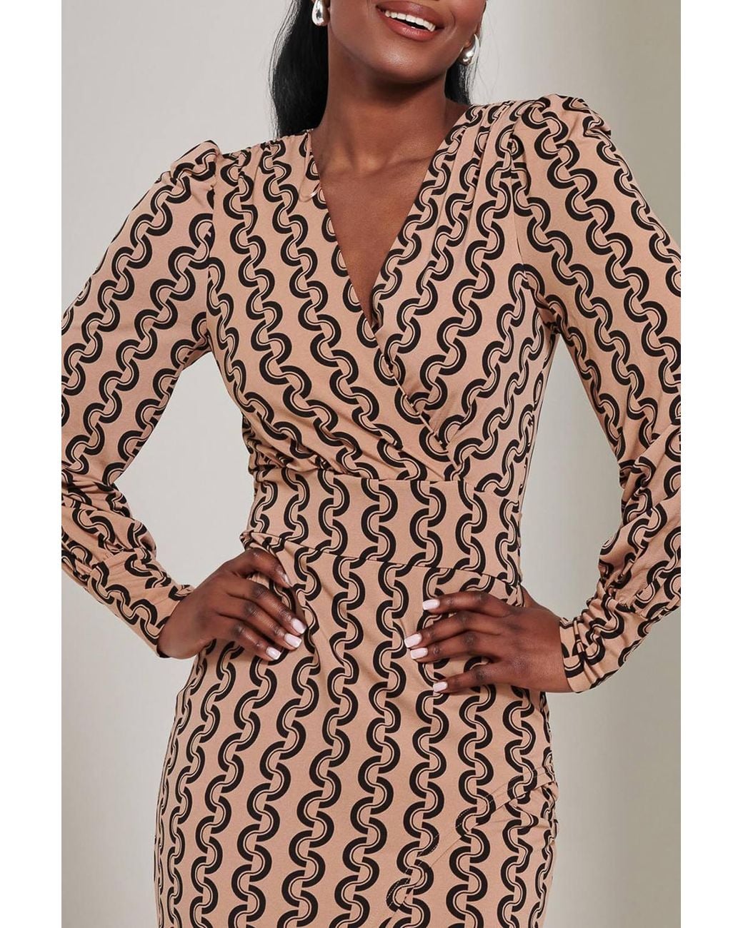 Jolie Moi Natural Print Long Sleeve Jersey Pencil Dress