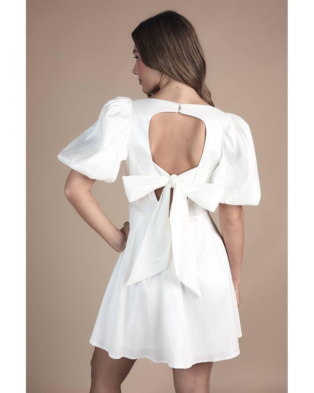 Coast White Puff Sleeve Mini Dress Wedding Dress W/ Tie Back