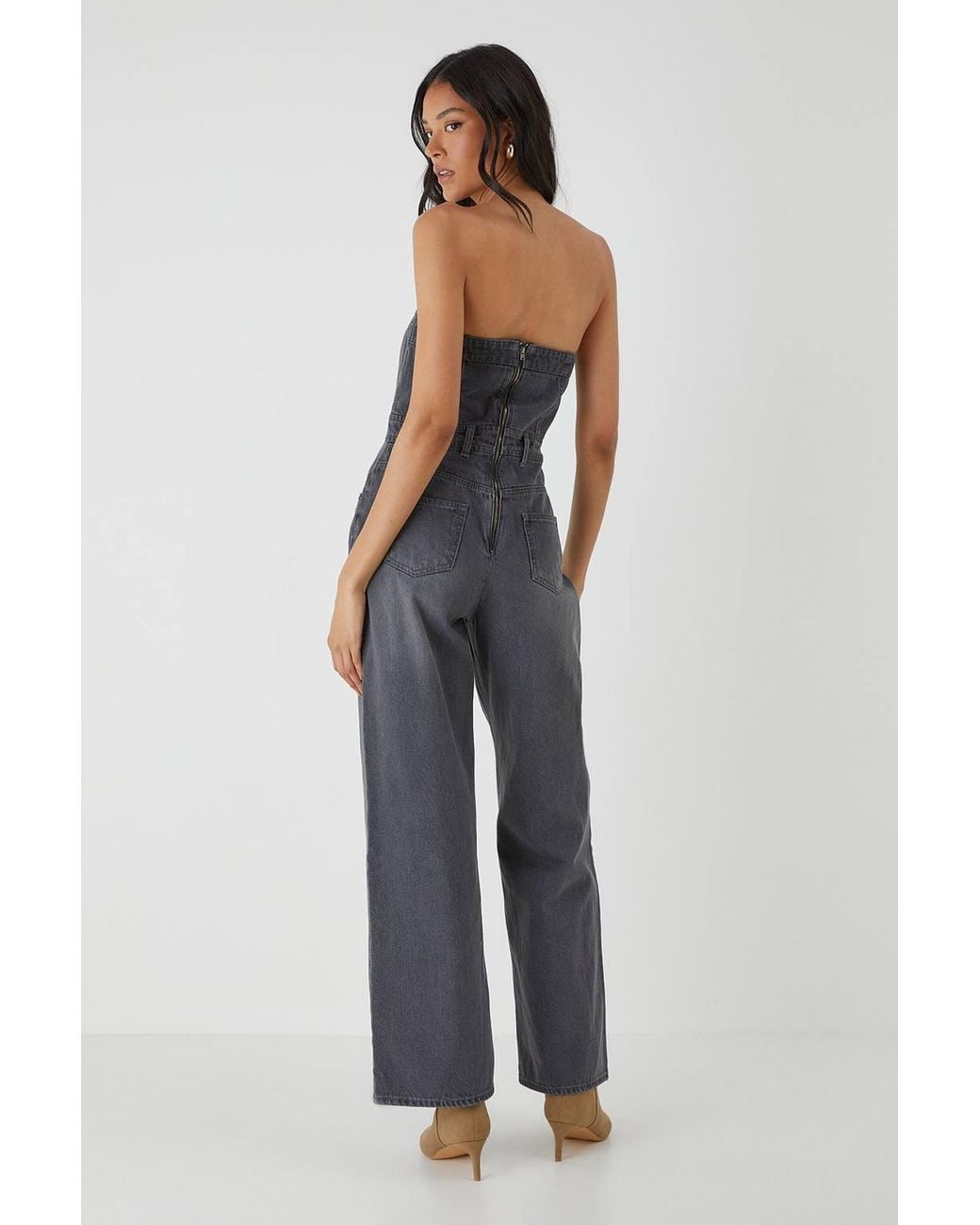 MissPap Gray Denim Button Front Bandeau Jumpsuit