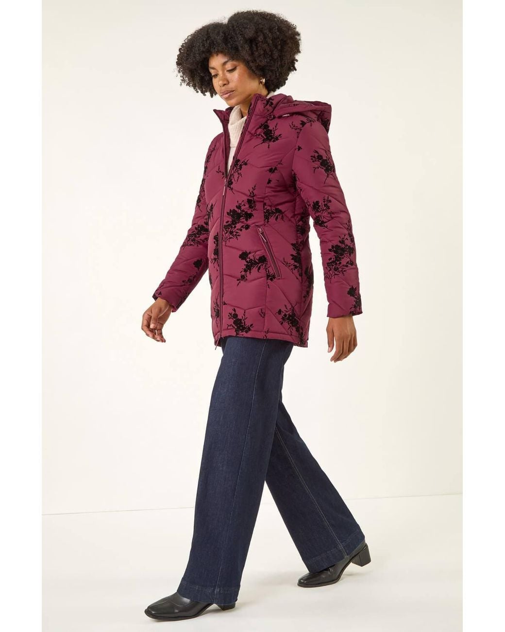 Roman Red Floral Flock Padded Coat