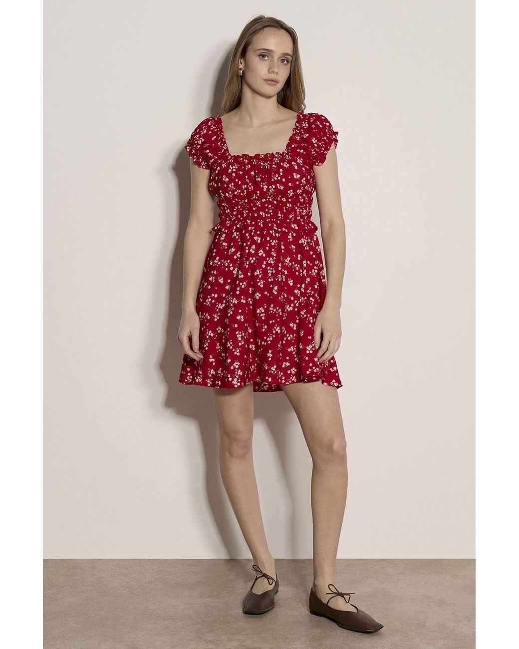Apricot Red Floral Ruffle Mini Dress