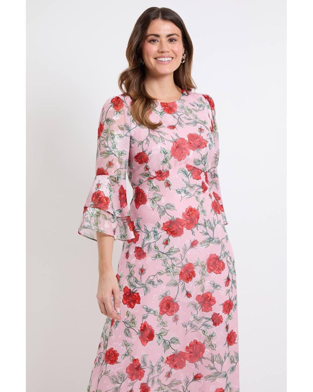 Wallis Red Floral Burn Out Ruffle Sleeve Midi Dress