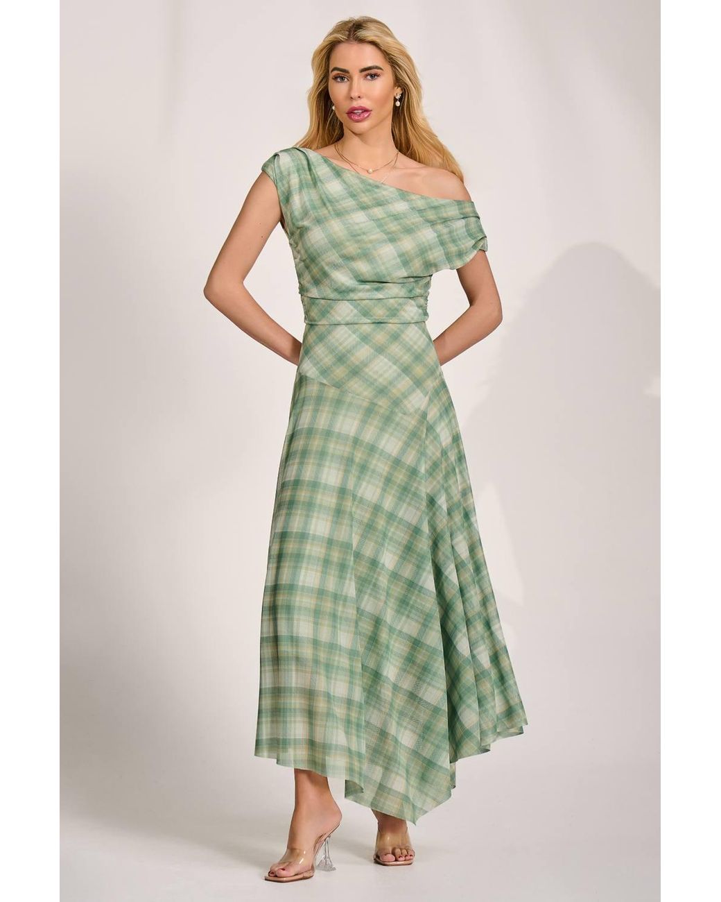 Jolie Moi Green Asymmetric Draped Mesh Maxi Dress