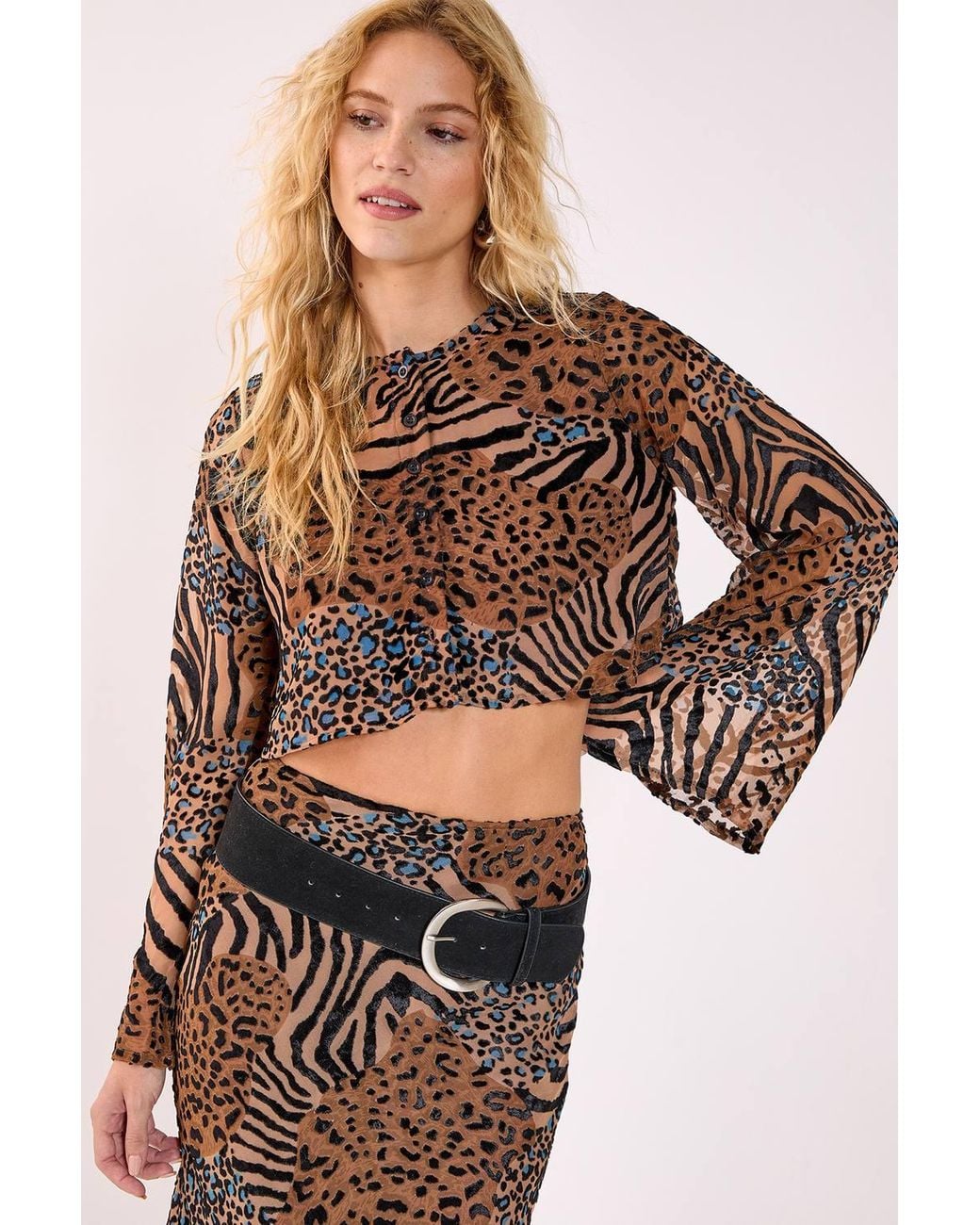 Nasty Gal Brown Mixed Animal Devore Button Through Flared Sleeve Top