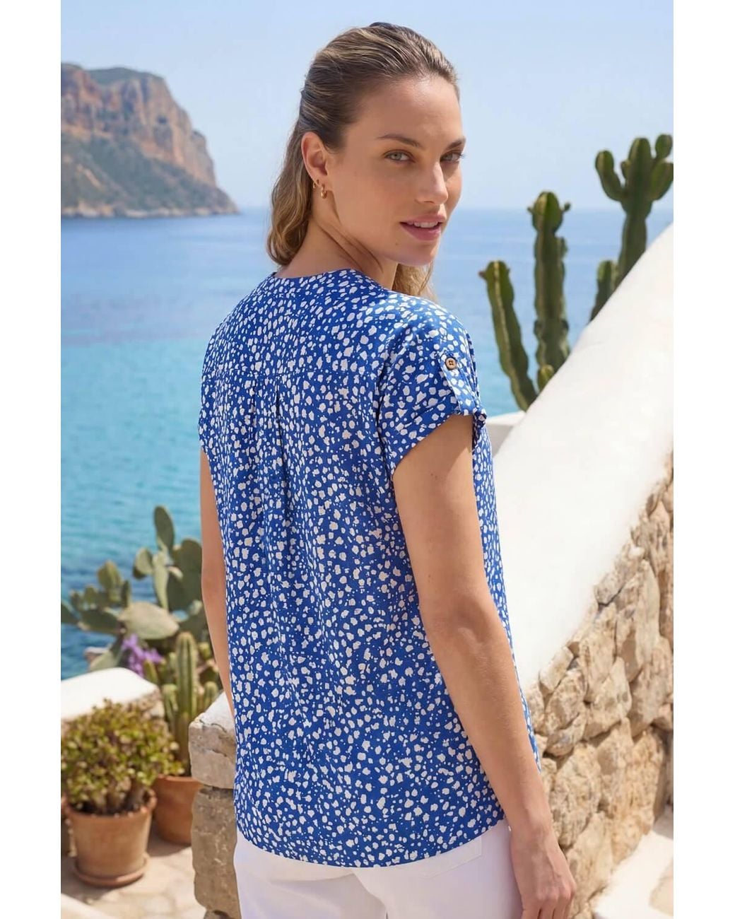 Roman Blue Speck Print V-Neck Button Top