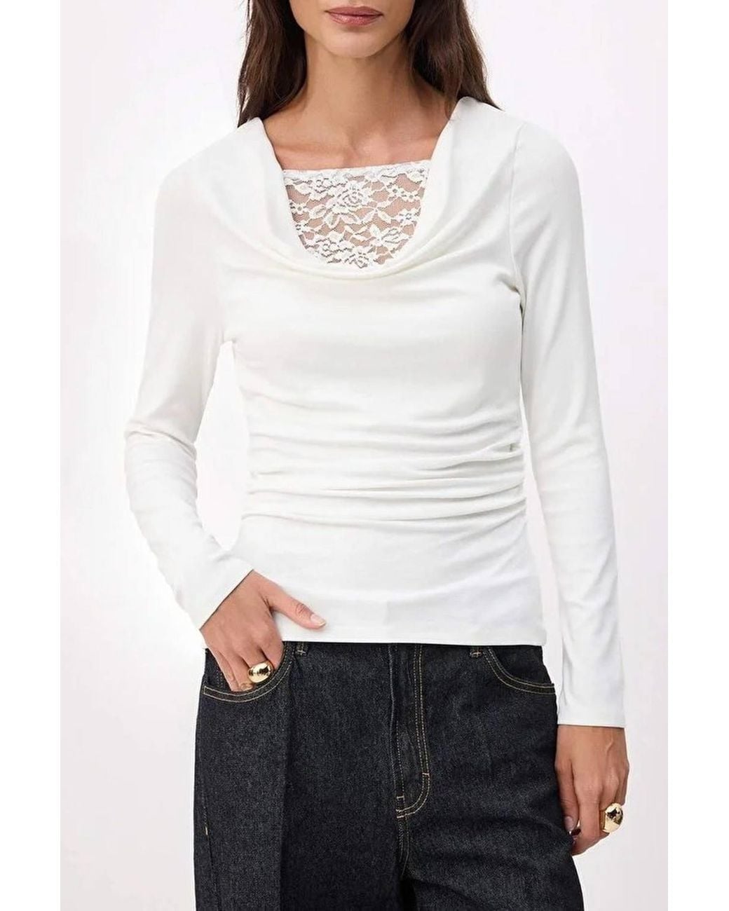 WOVCOR White Lace Detail Draped Long Sleeve Stretch Knit Top