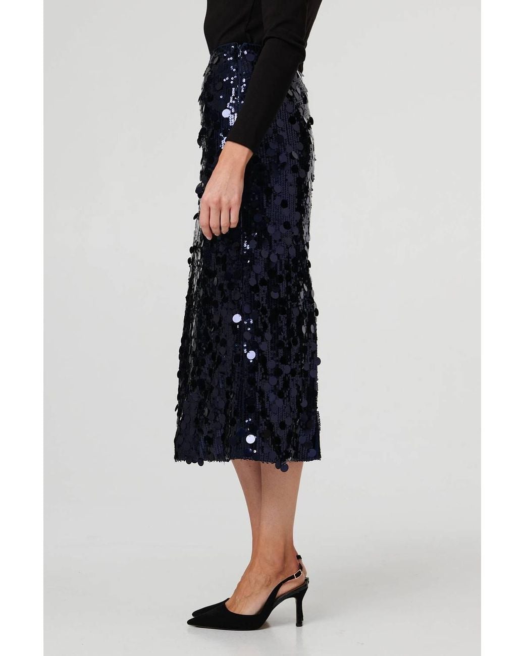 Izabel London Black Sequin Embellished Straight Midi Skirt