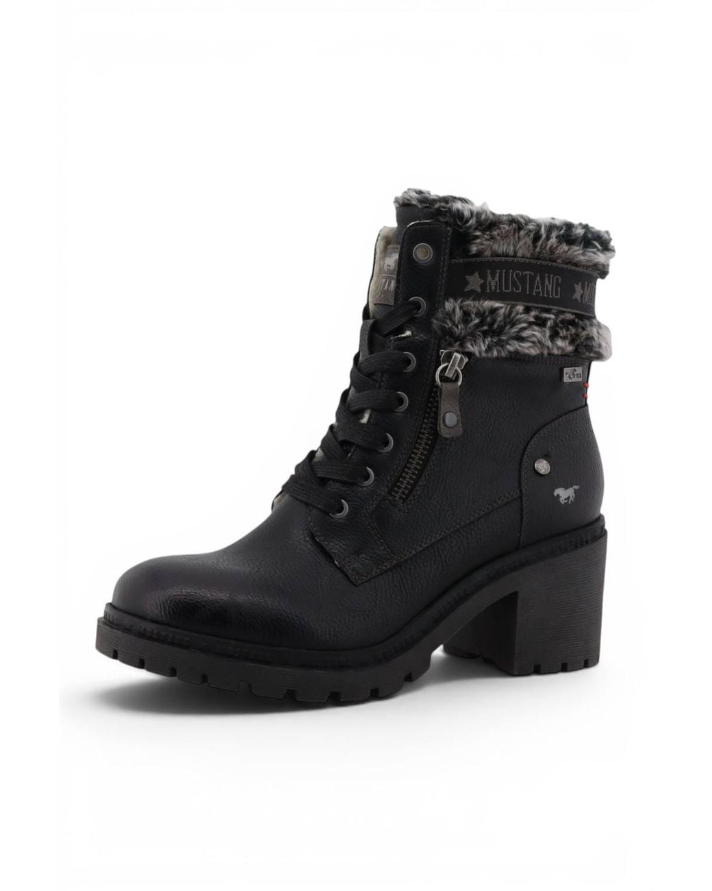 Infinity Leather Black Mustang Winter Warm Heeled Lace-Up Boots