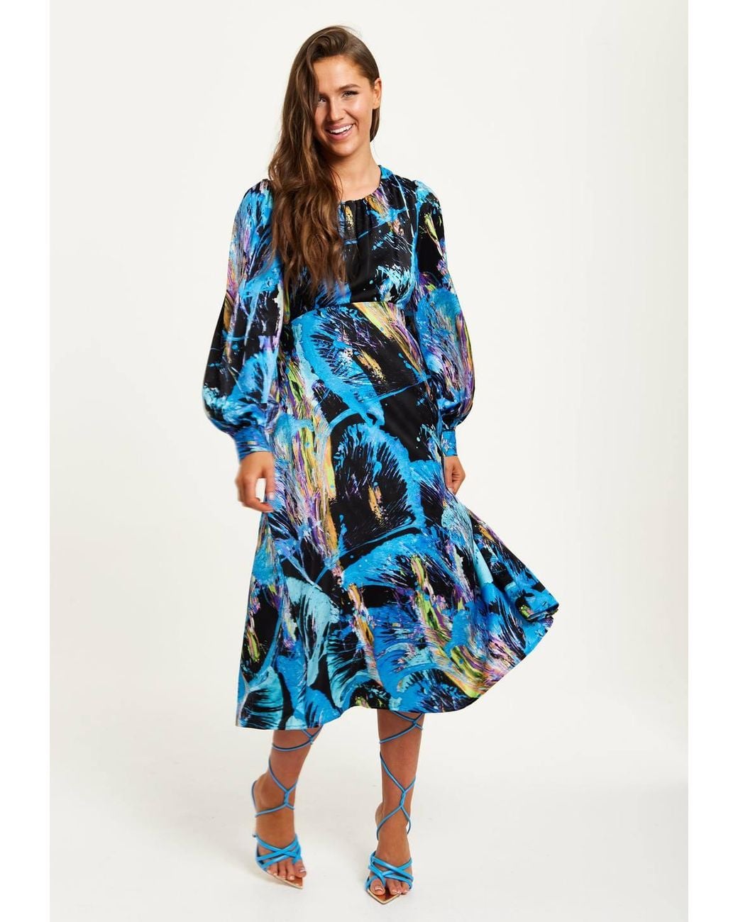 Liquorish Blue Multicolour Abstract Print Midi Dress W/ Long Sleeves & Tie Waist