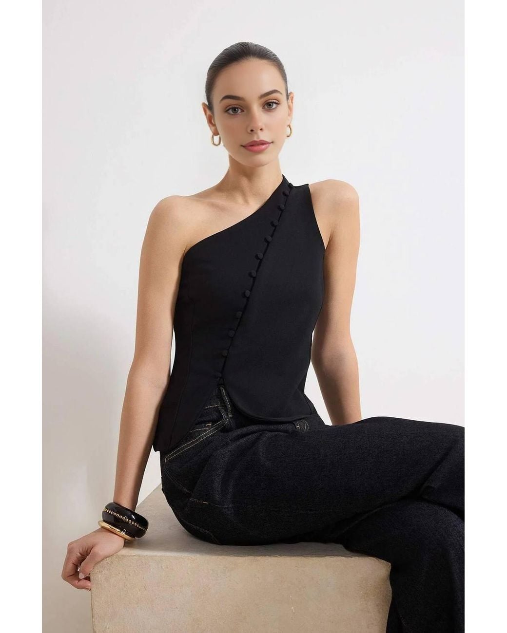 WOVCOR Black Button Detail One Shoulder Sleeveless Scuba Peplum Top