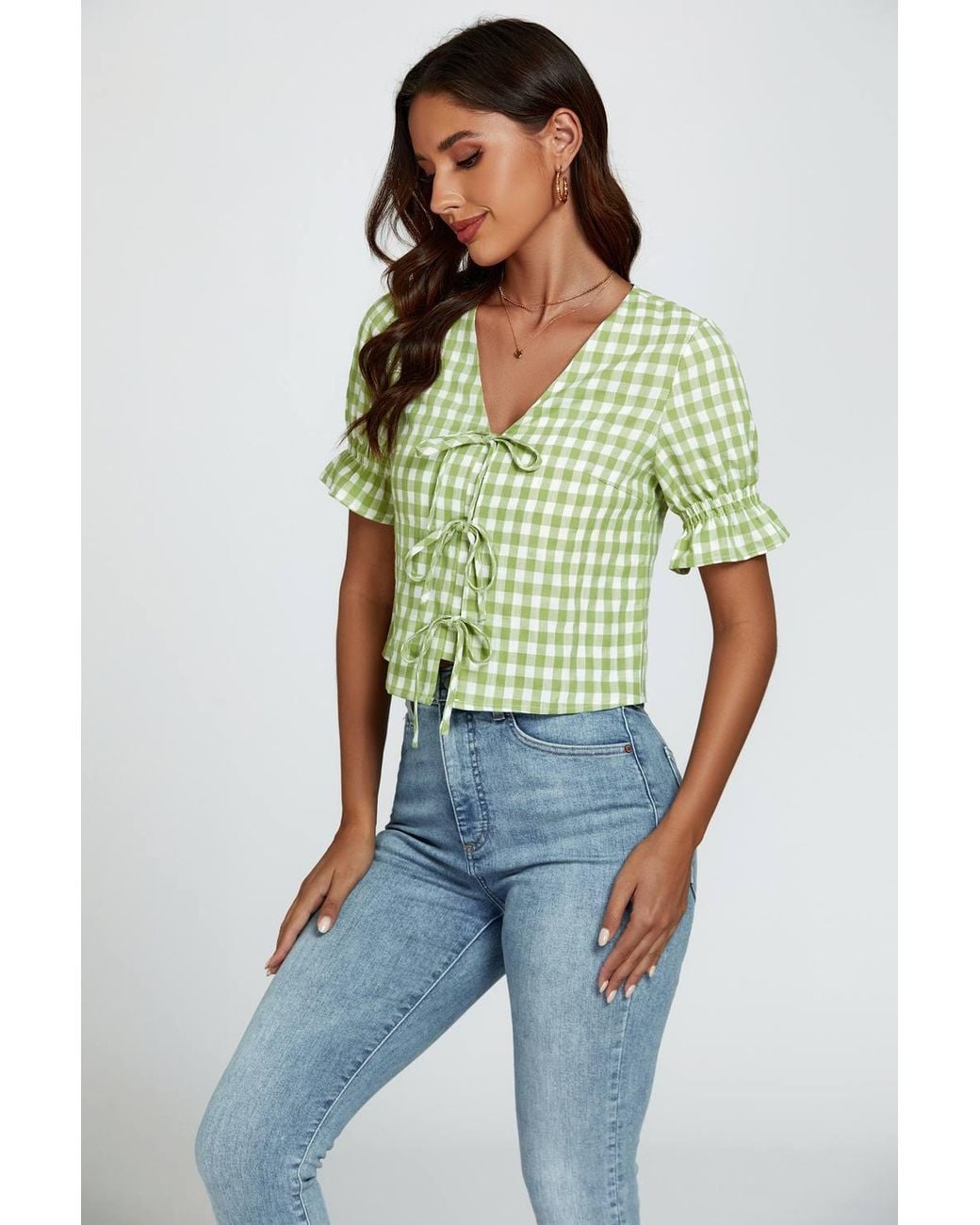 FS Collection Green Check Print Tie Front Top