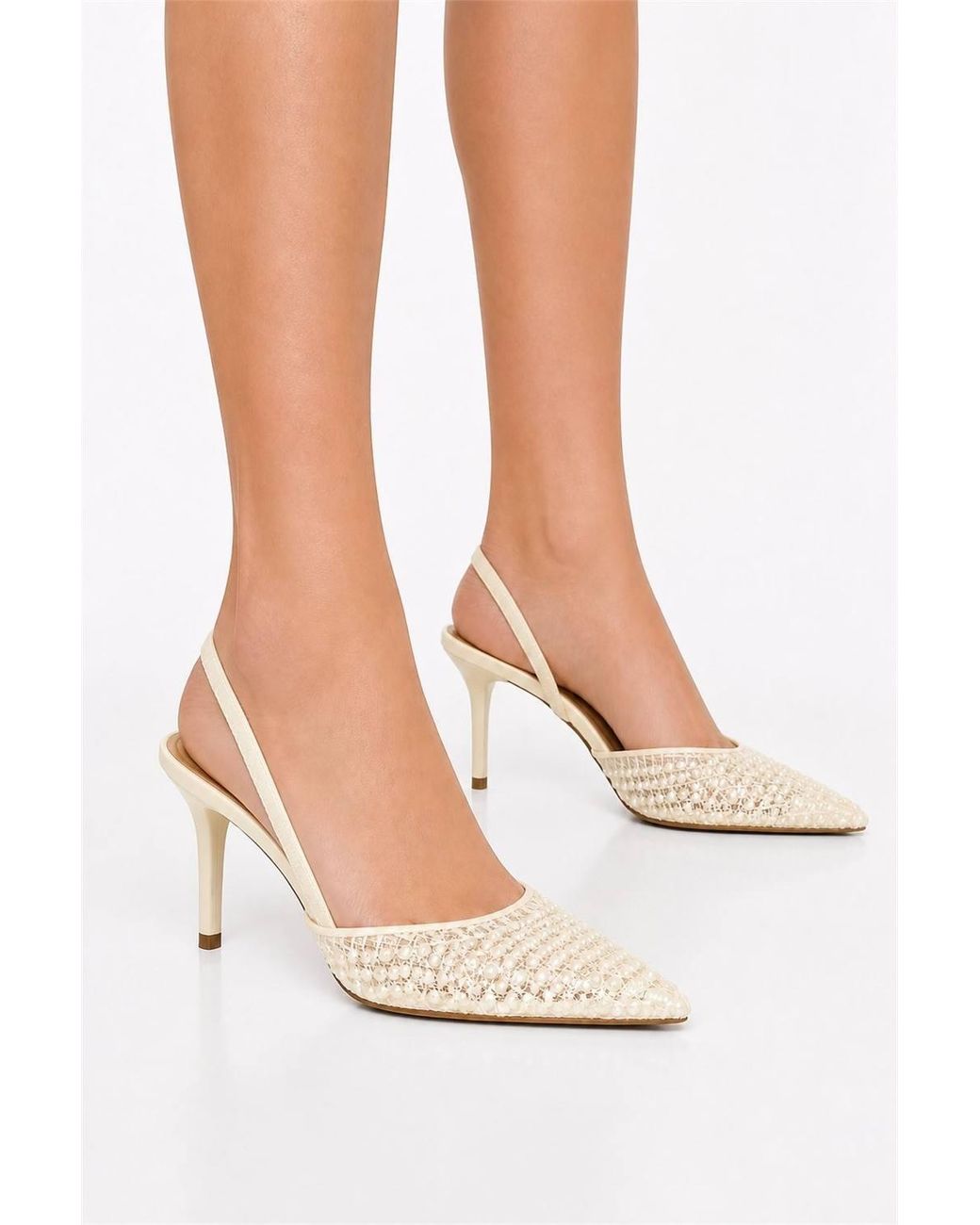 Miss Diva Natural Anusha Pearl Embellished Pointed Court Shoe Slingback Sandals