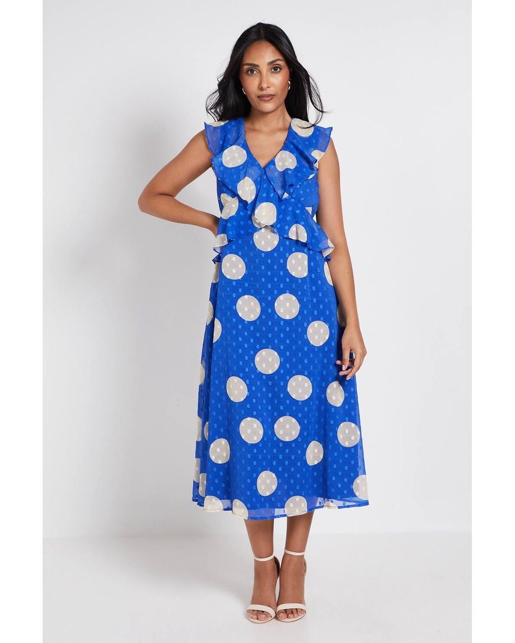 Wallis Blue Petite Polka Dot Dobby Ruffle Midi Dress