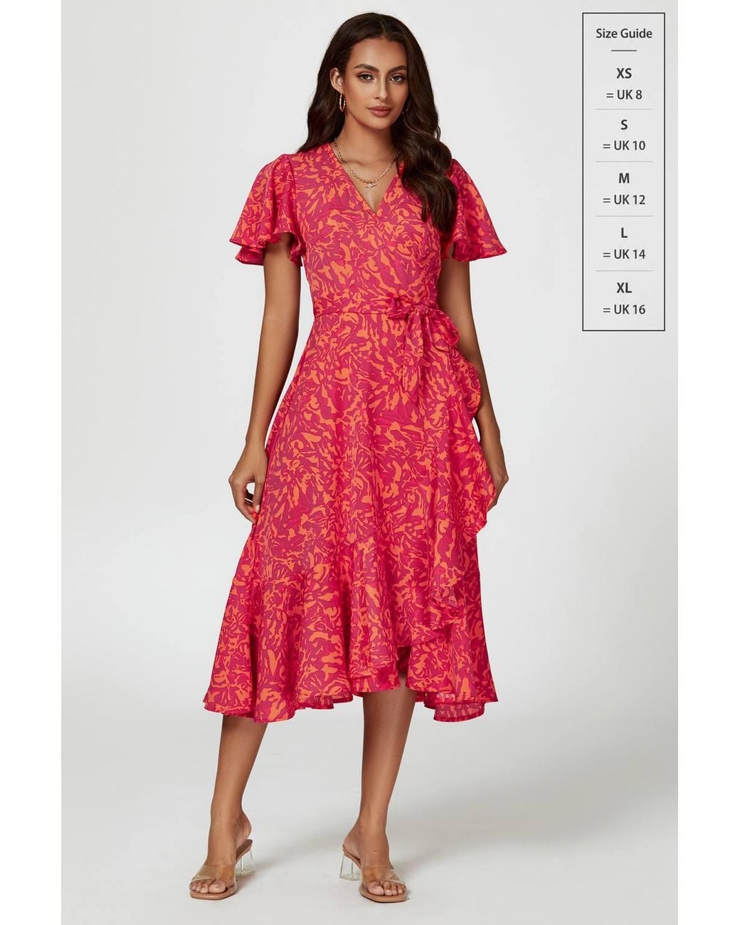 FS Collection Red Abstract Print Midi Wrap Dress
