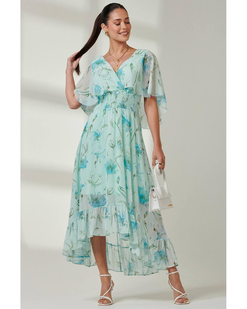 Jolie Moi Green Frill V-Neck Chiffon Maxi Dress